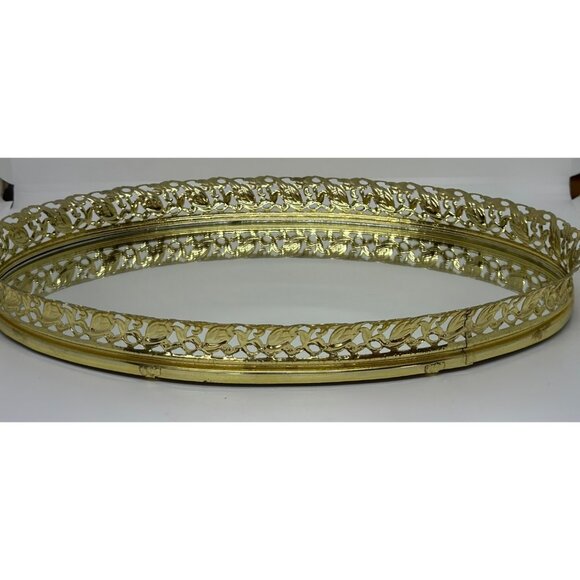 VTG Ornate Gold Mirrored Dresser Tray Oval Vanity Accent Gold Filigree - Picture 3 of 7